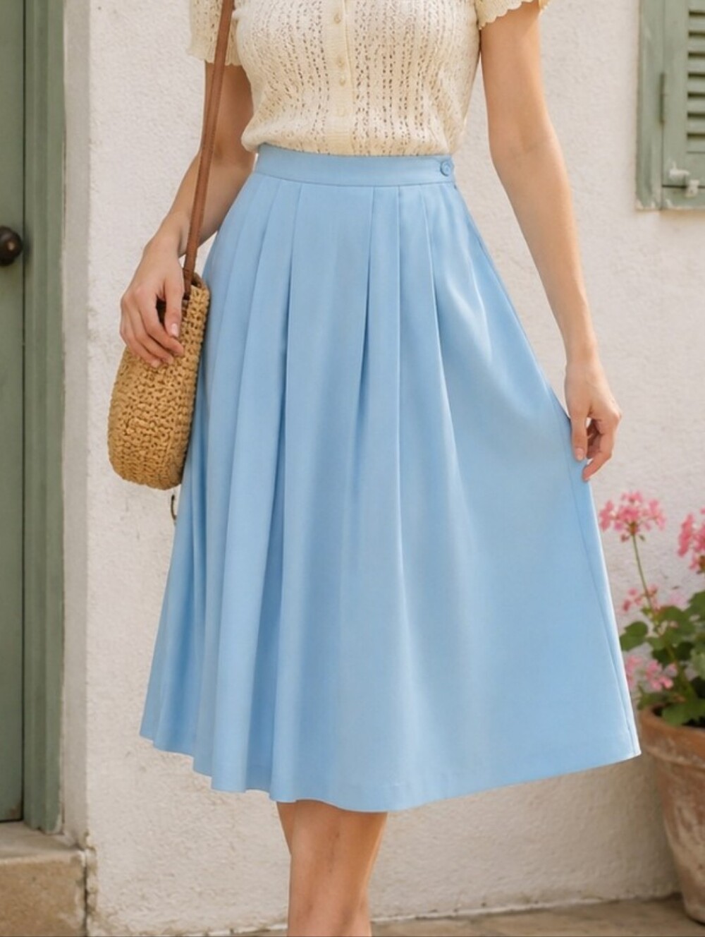 A64 Rare Vintage Powder Blue Midi Skirt Polyester Winter Medium